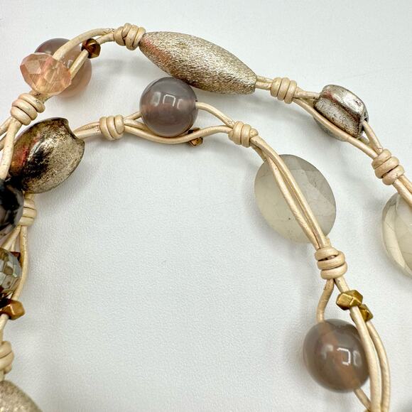 Nakamol Knotted Pearlized Leather Glass Bead Necklace Gray Tones Neutral Boho - Picture 8 of 14